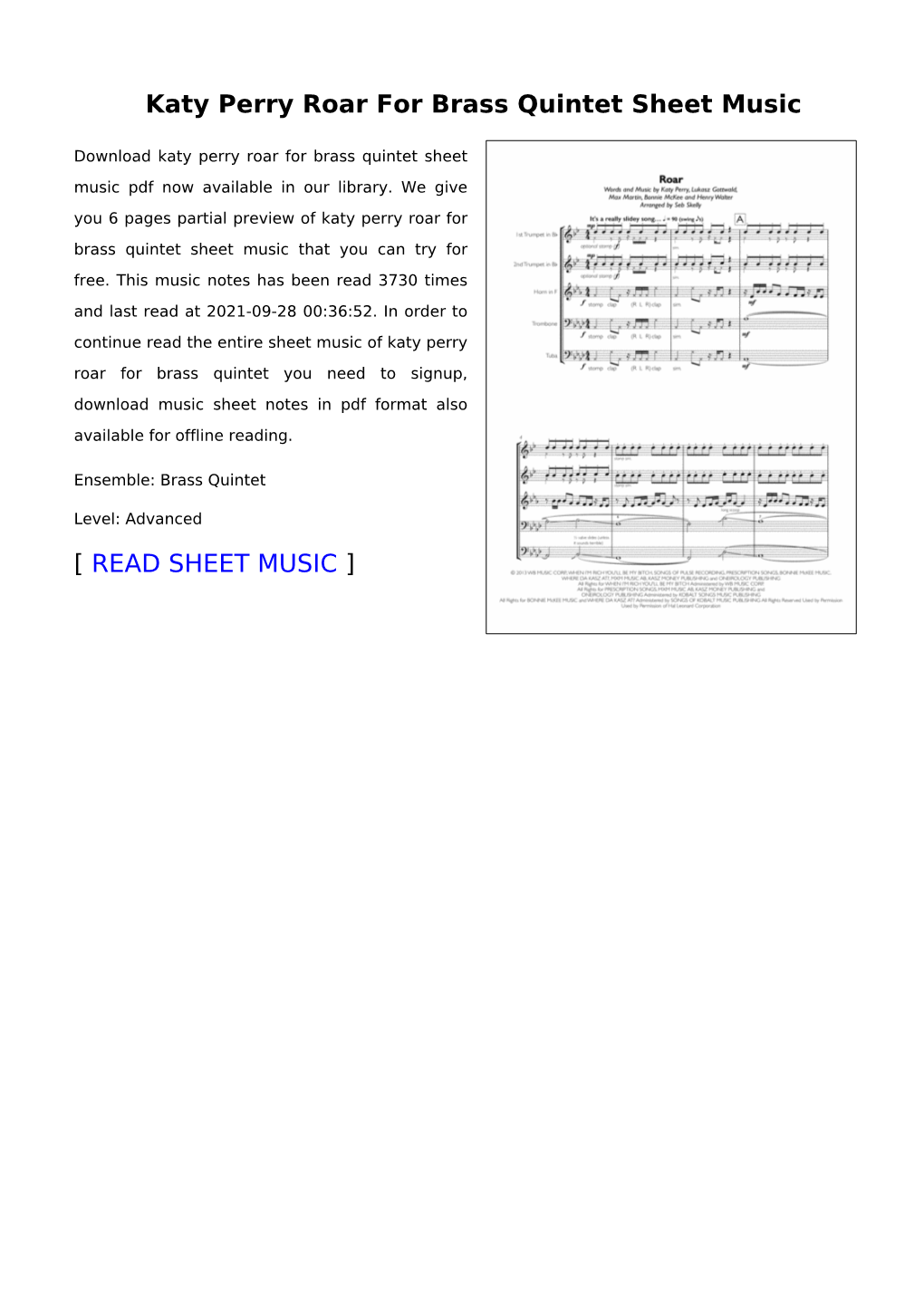 Katy Perry Roar for Brass Quintet Sheet Music