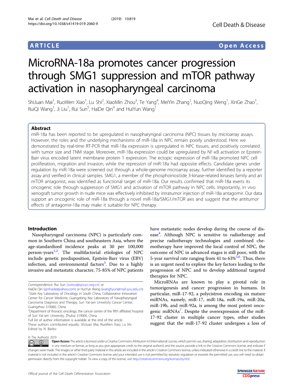 Microrna-18A Promotes Cancer Progression Through SMG1