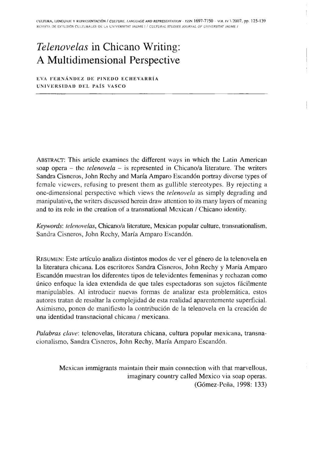 Telenovelas in Chicano Writing: a Multidimensional Perspective