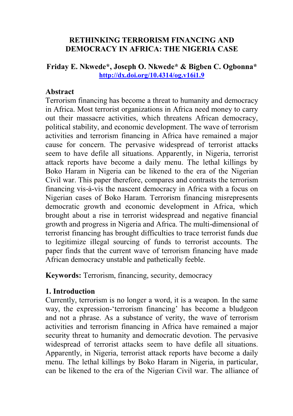 Rethinking Terrorism Financing and Democracy in Africa: the Nigeria Case