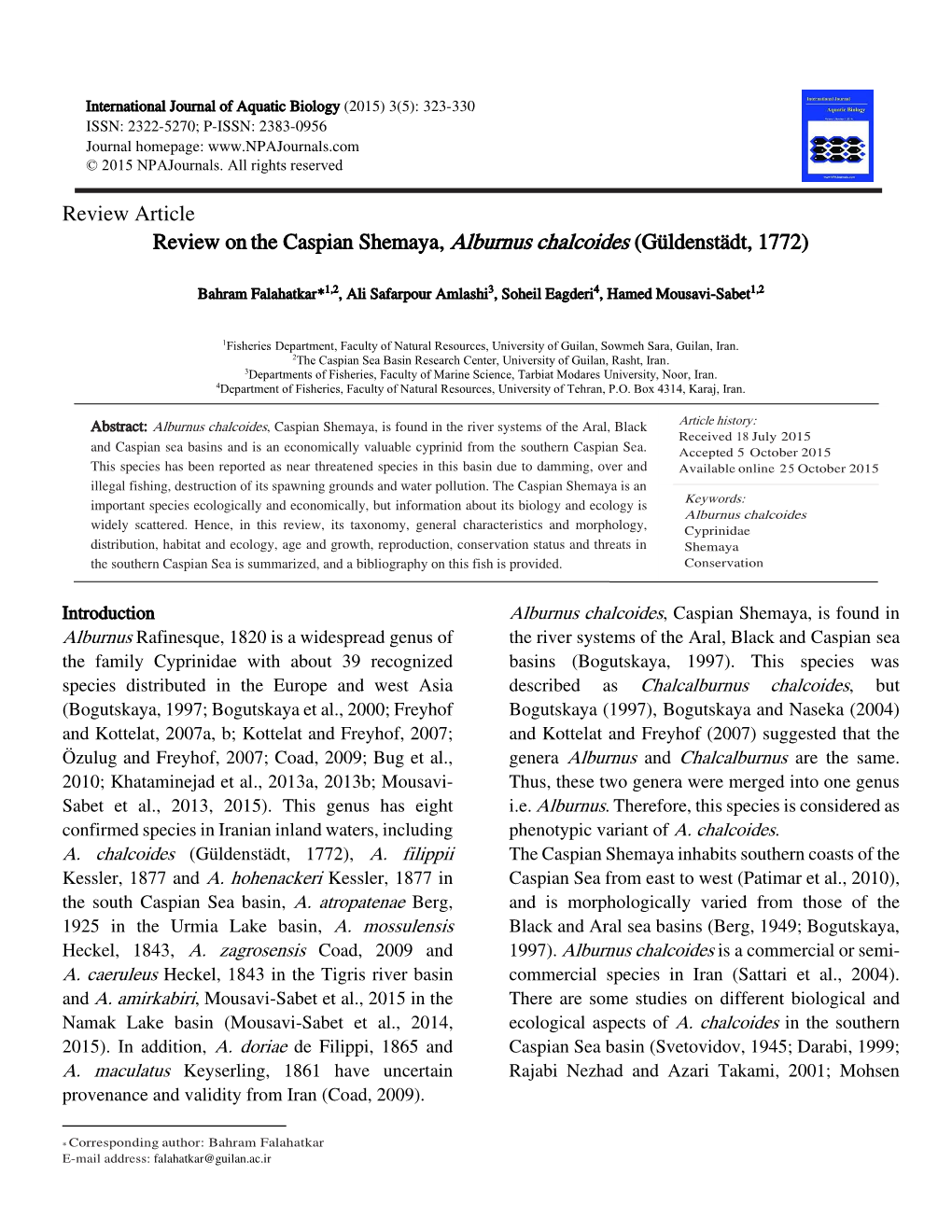 Review Article Review Onthe Caspian Shemaya, Alburnus Chalcoides