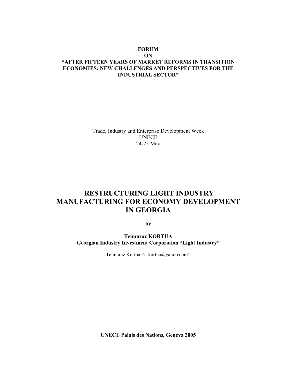 Restructuring Light Industry Manufacturing for Economy Development in Georgia