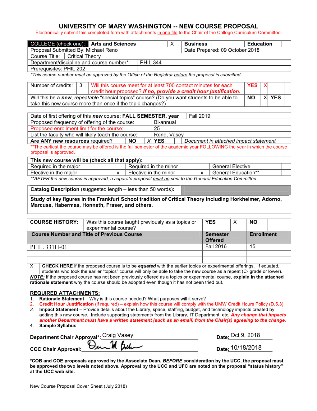 New Course Proposal Phil 331H-01 10/18/2018