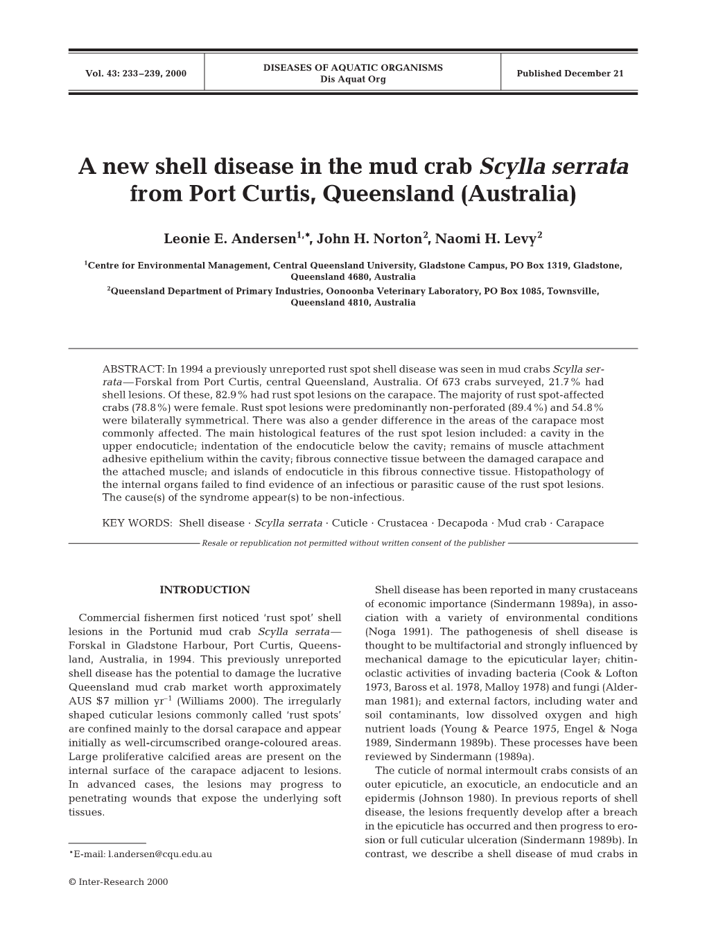 A New Shell Disease in the Mud Crab Scylla Serrata from Port Curtis, Queensland (Australia)