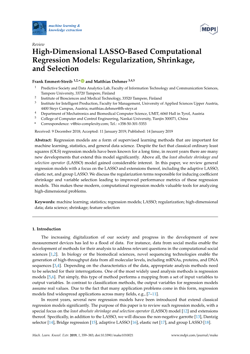 High-Dimensional LASSO-Based Computational Regression Models: Regularization, Shrinkage, and Selection