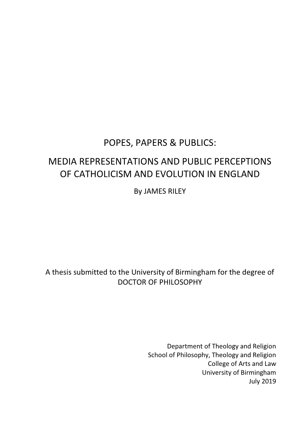 Popes, Papers & Publics: Media Representations and Public Perceptions of Catholicism and Evolution in England