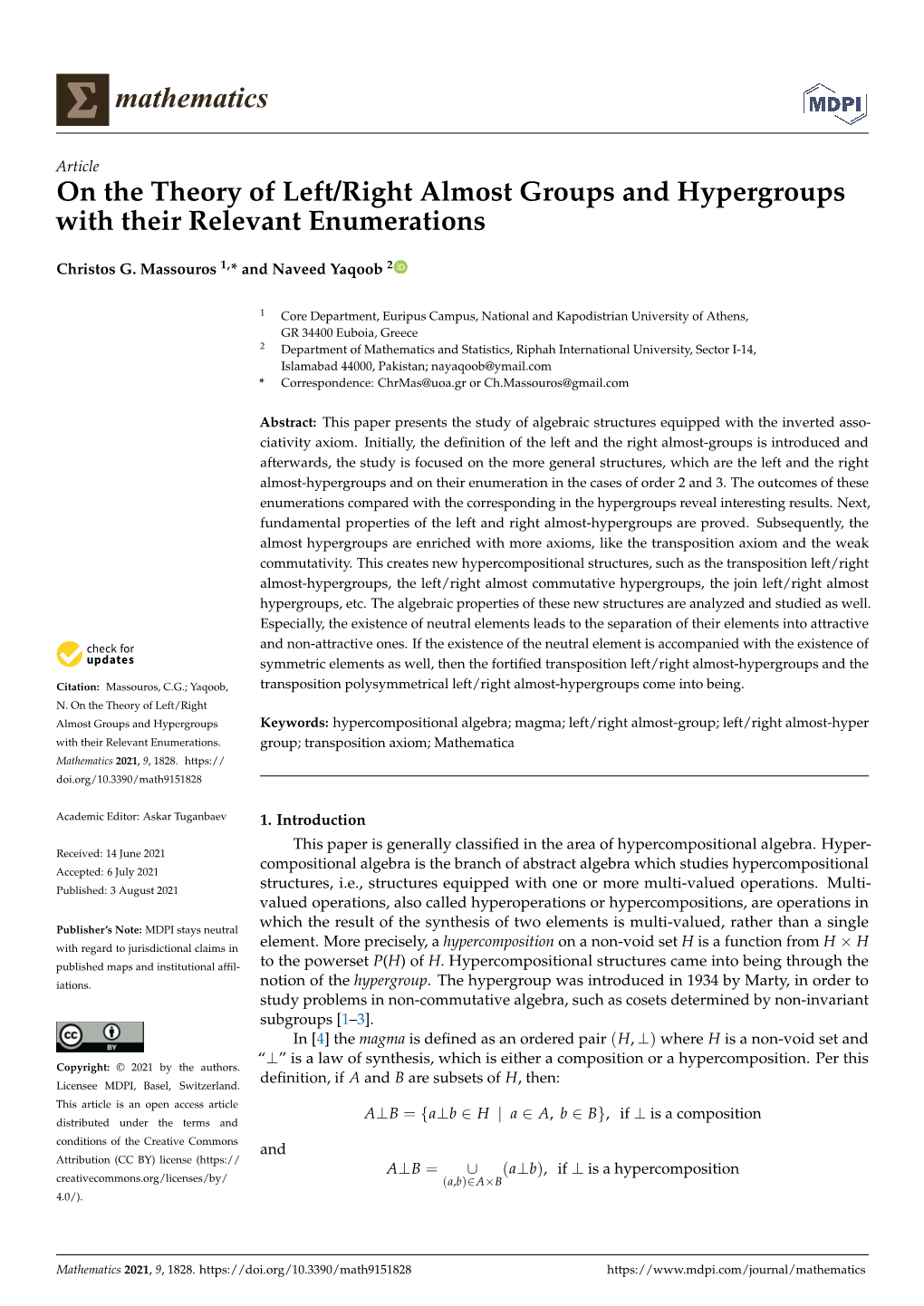 On the Theory of Left/Right Almost Groups and Hypergroups with Their Relevant Enumerations