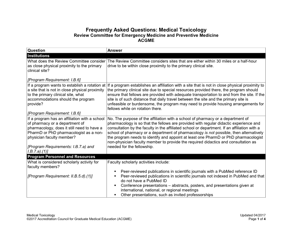 Medical Toxicology Review Committee for Emergency Medicine and Preventive Medicine ACGME