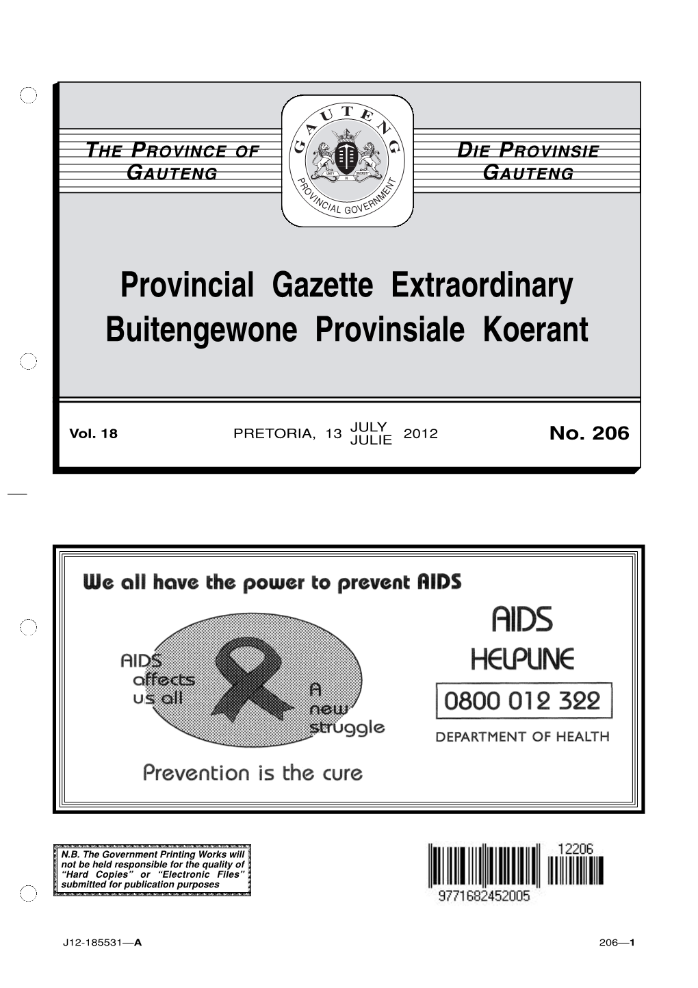 Gauteng Provincial Gazette Vol 18 No 206 Dated 13 July 2012