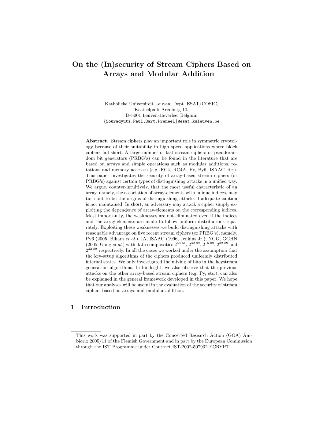 On the (In)Security of Stream Ciphers Based on Arrays and Modular Addition ?