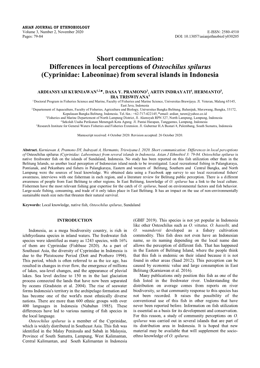 Differences in Local Perceptions of Osteochilus Spilurus (Cyprinidae: Labeoninae) from Several Islands in Indonesia