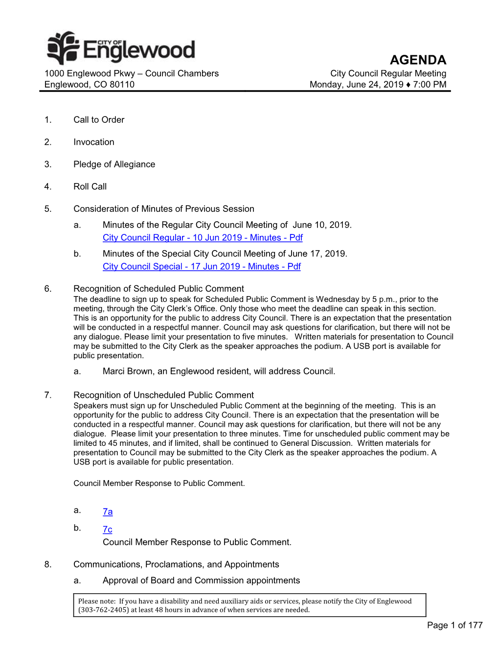 City Council Regular Meeting Englewood, CO 80110 Monday, June 24, 2019 ♦ 7:00 PM