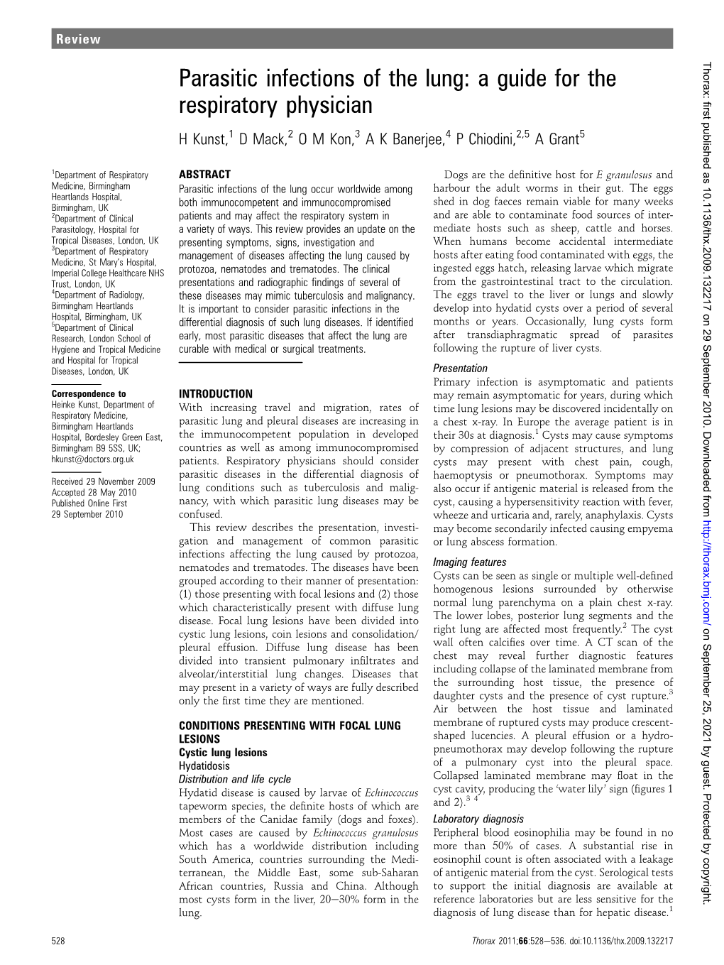 Parasitic Infections of the Lung: a Guide for the Respiratory Physician H Kunst,1 D Mack,2 O M Kon,3 a K Banerjee,4 P Chiodini,2,5 a Grant5