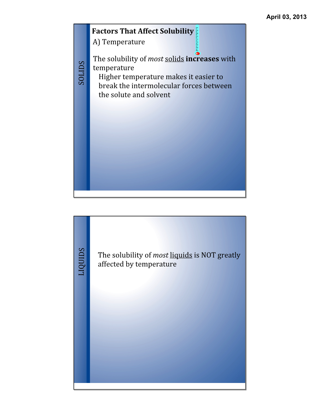 Factors That Affect Solubility A) Temperature the Solubility of Most