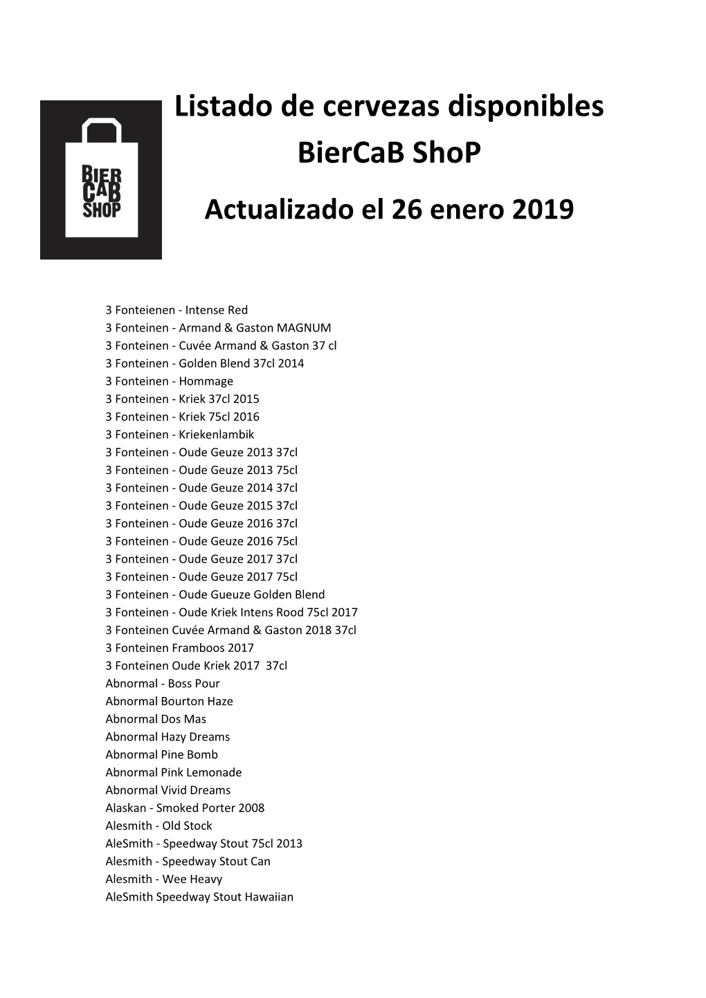 Listado De Cervezas Disponibles Biercab Shop Actualizado El 26 Enero 2019