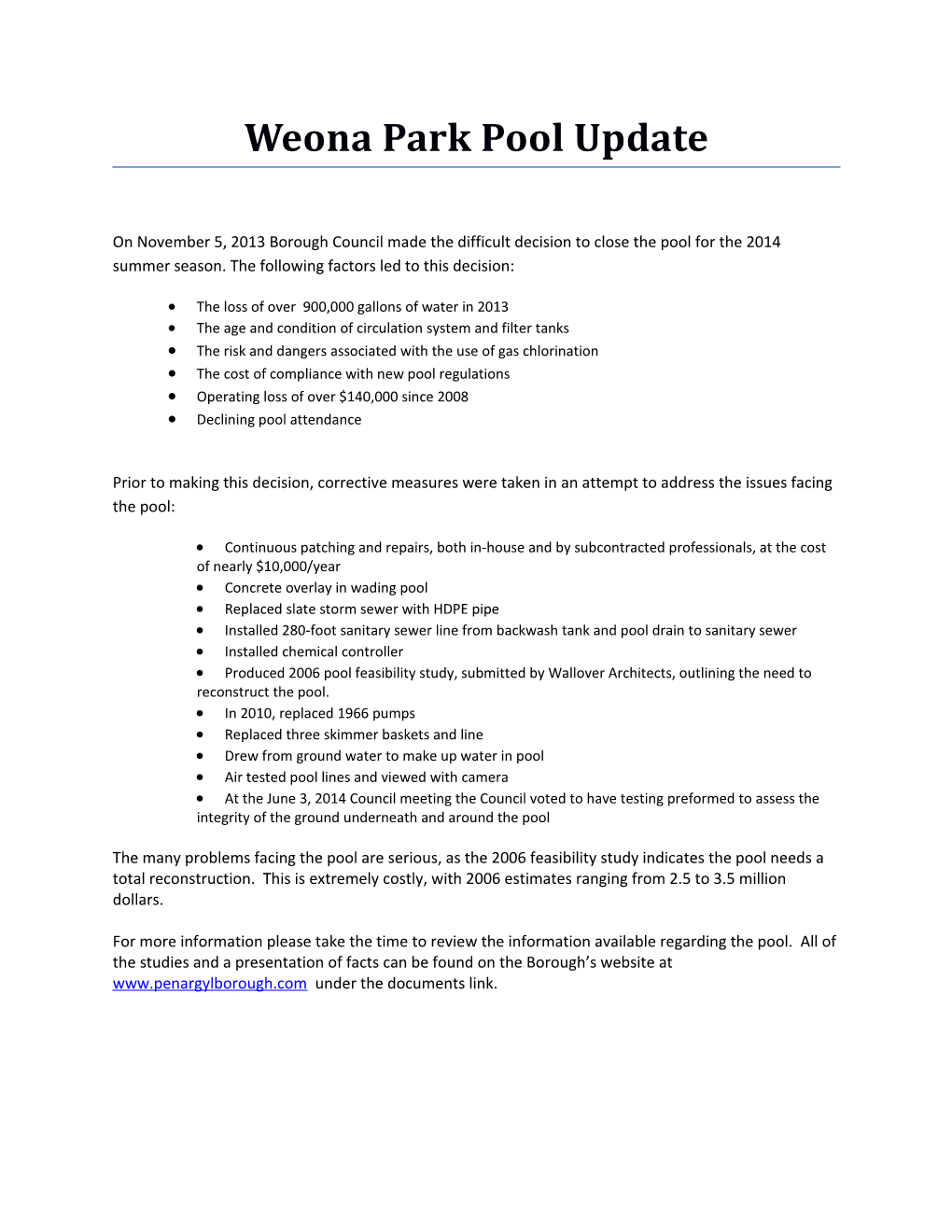 Weona Park Pool Update