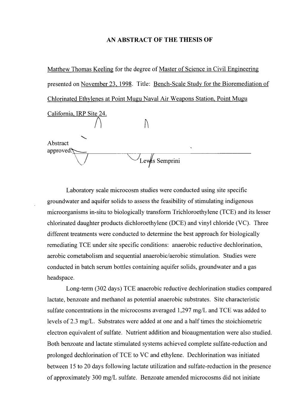 Bench-Scale Study for the Bioremediation of Chlorinated Ethylenes at Point Mugu Naval Air Weapons Station, Point Mugu California, IRP Site 24