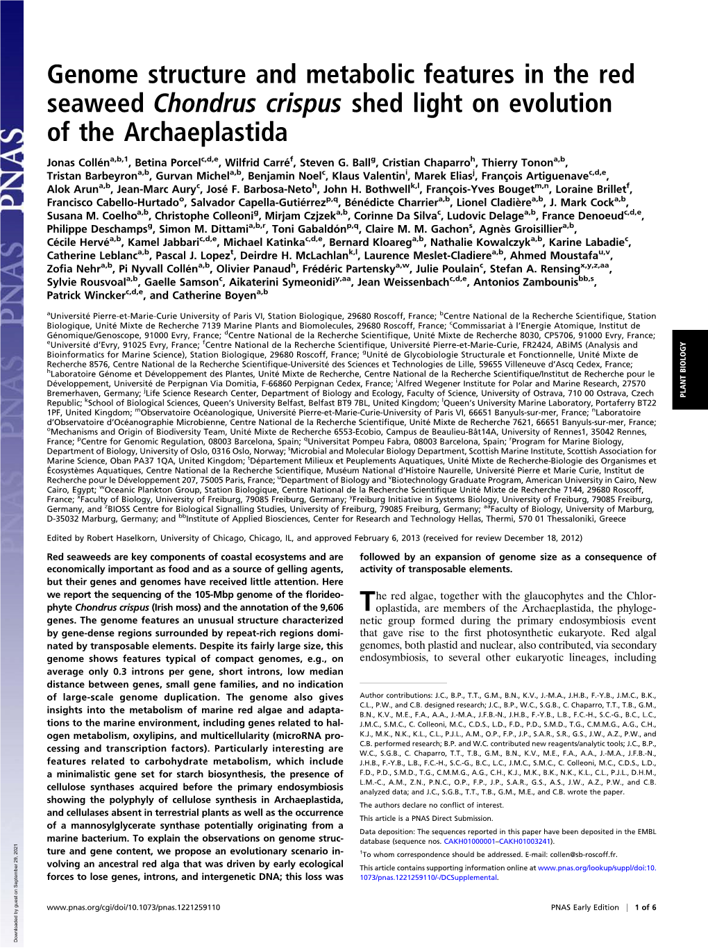 Genome Structure and Metabolic Features in the Red Seaweed Chondrus Crispus Shed Light on Evolution of the Archaeplastida