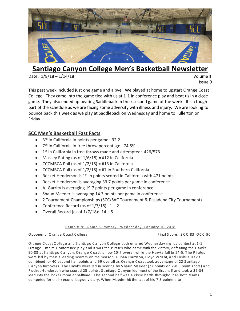 Santiago Canyon College Men's Basketball Newsletter