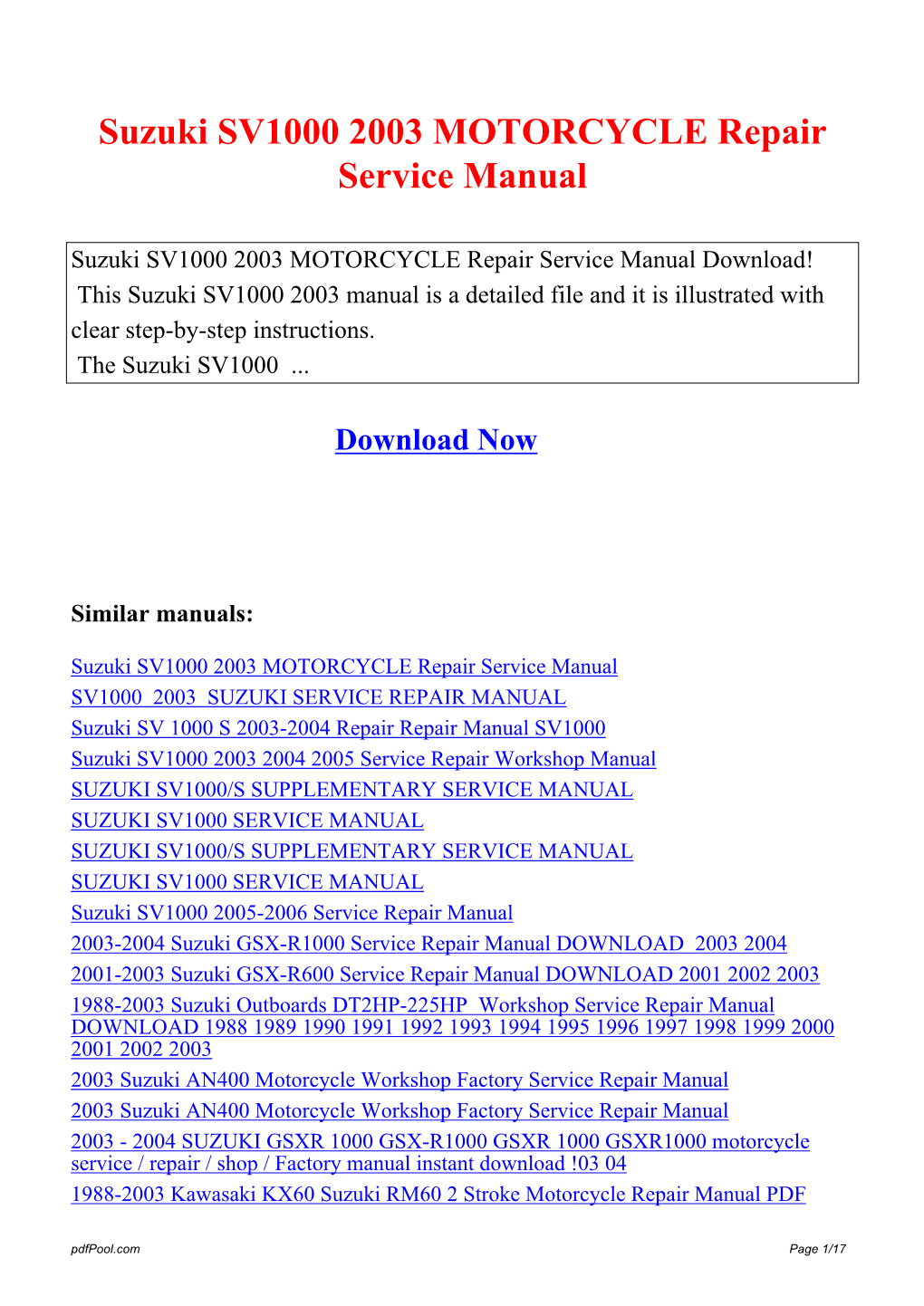 Suzuki SV1000 2003 MOTORCYCLE Repair Service Manual