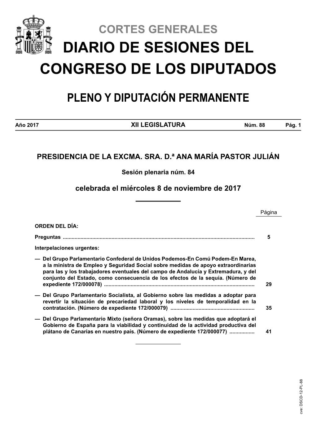 Diario De Sesiones De Pleno Y Diputación Permanente