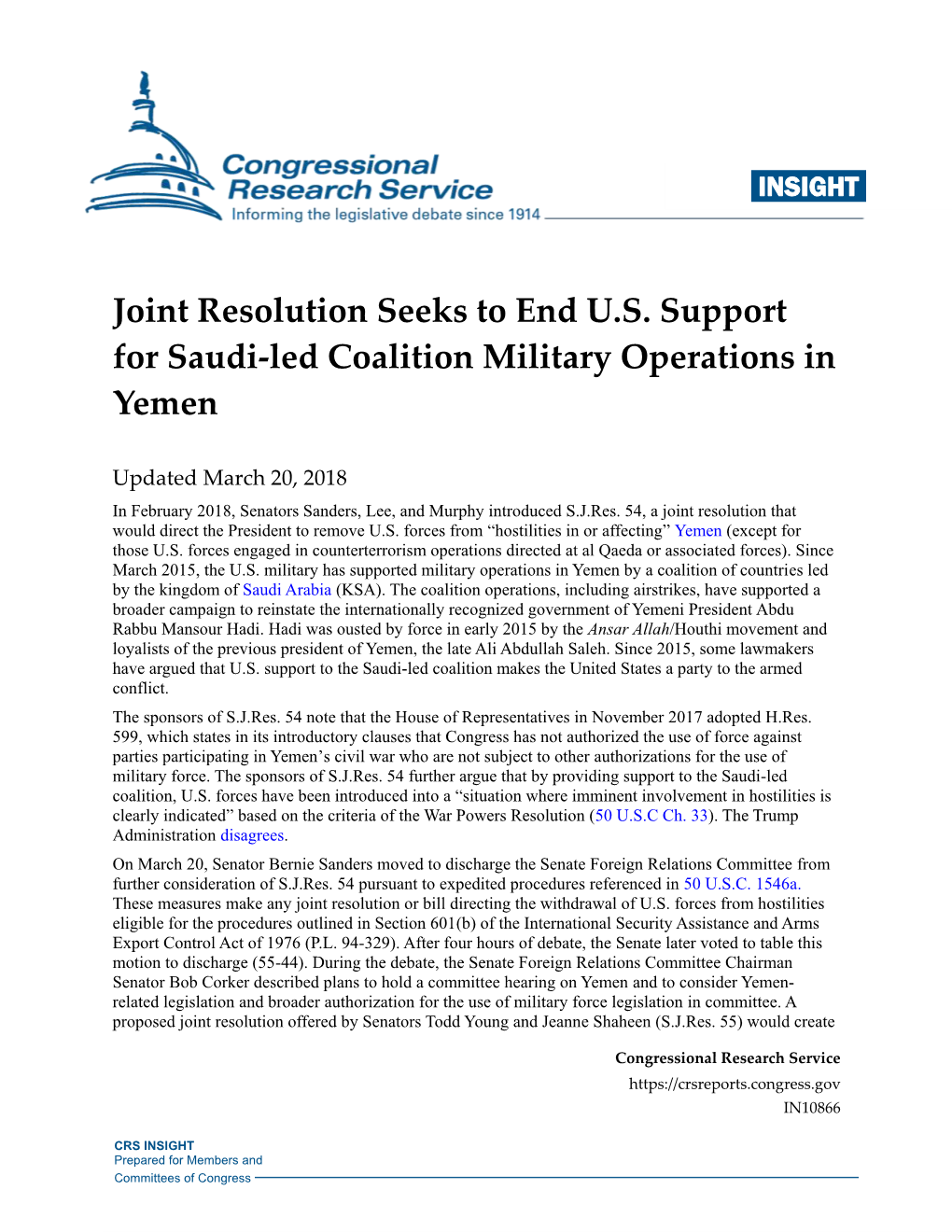 Joint Resolution Seeks to End U.S. Support for Saudi-Led Coalition Military Operations in Yemen