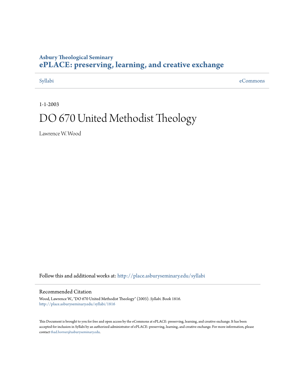 DO 670 United Methodist Theology Lawrence W