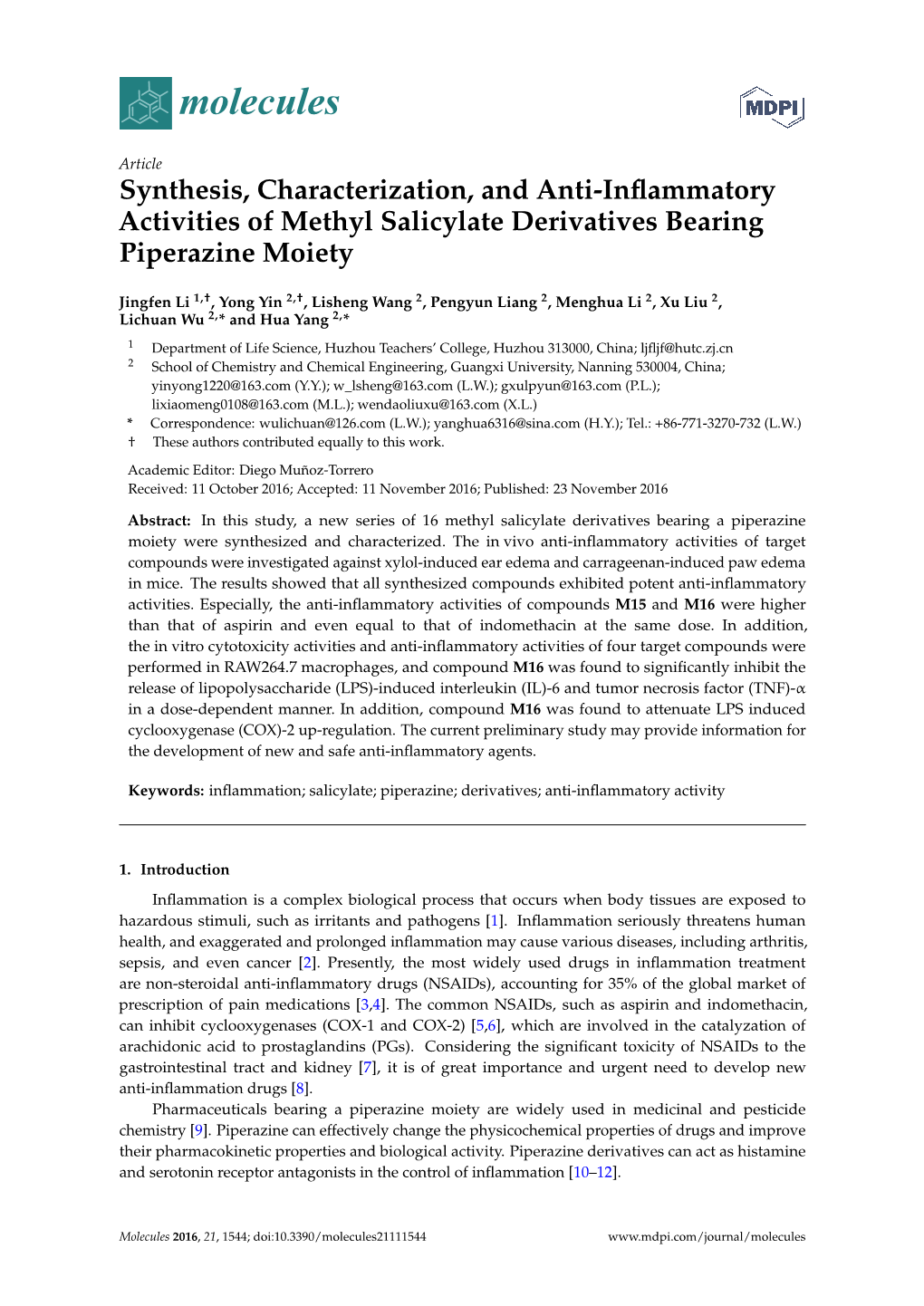 Synthesis, Characterization, and Anti-Inflammatory Activities Of