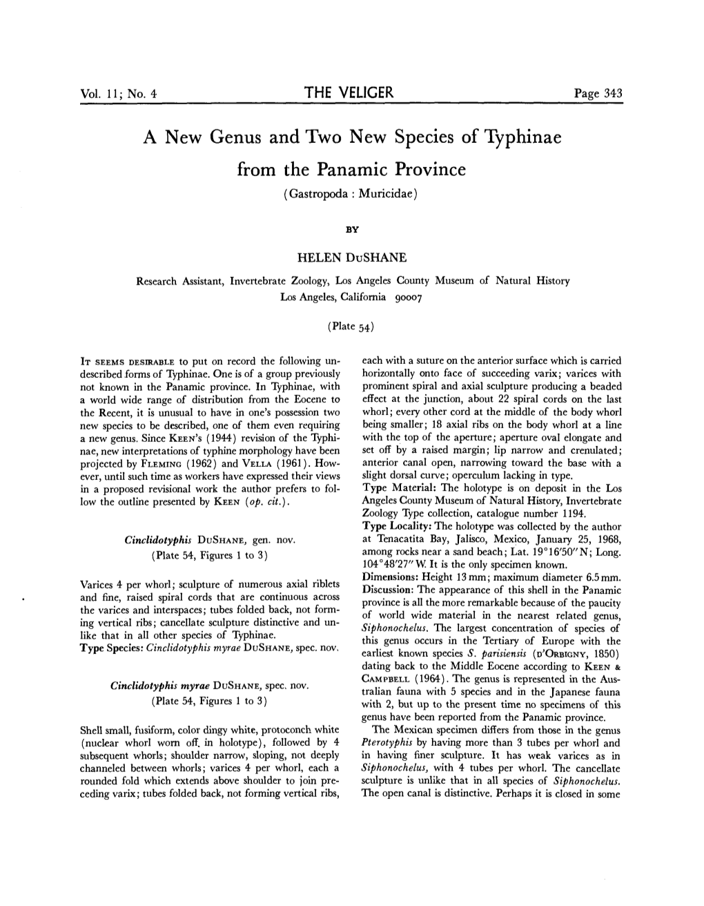 A New Genus and Two New Species of Typhinae from the Panamic Province (Gastropoda : Muricidae)