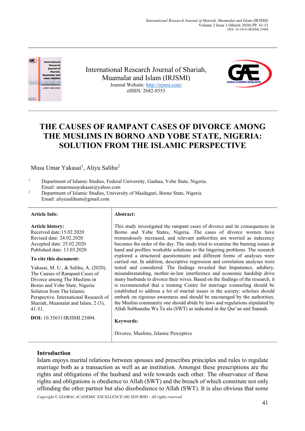 The Causes of Rampant Cases of Divorce Among the Muslims in Borno and Yobe State, Nigeria: Solution from the Islamic Perspective