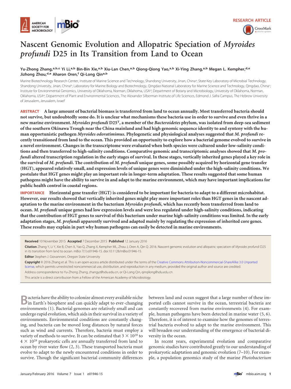 Nascent Genomic Evolution and Allopatric Speciation of Myroides Profundi D25 in Its Transition from Land to Ocean