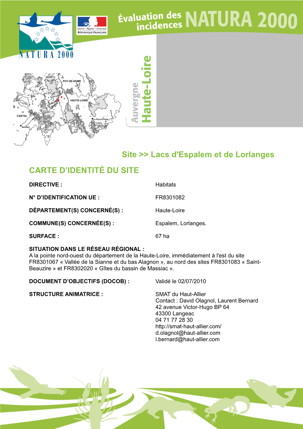 Site >> Lacs D'espalem Et De Lorlanges CARTE D'identité DU