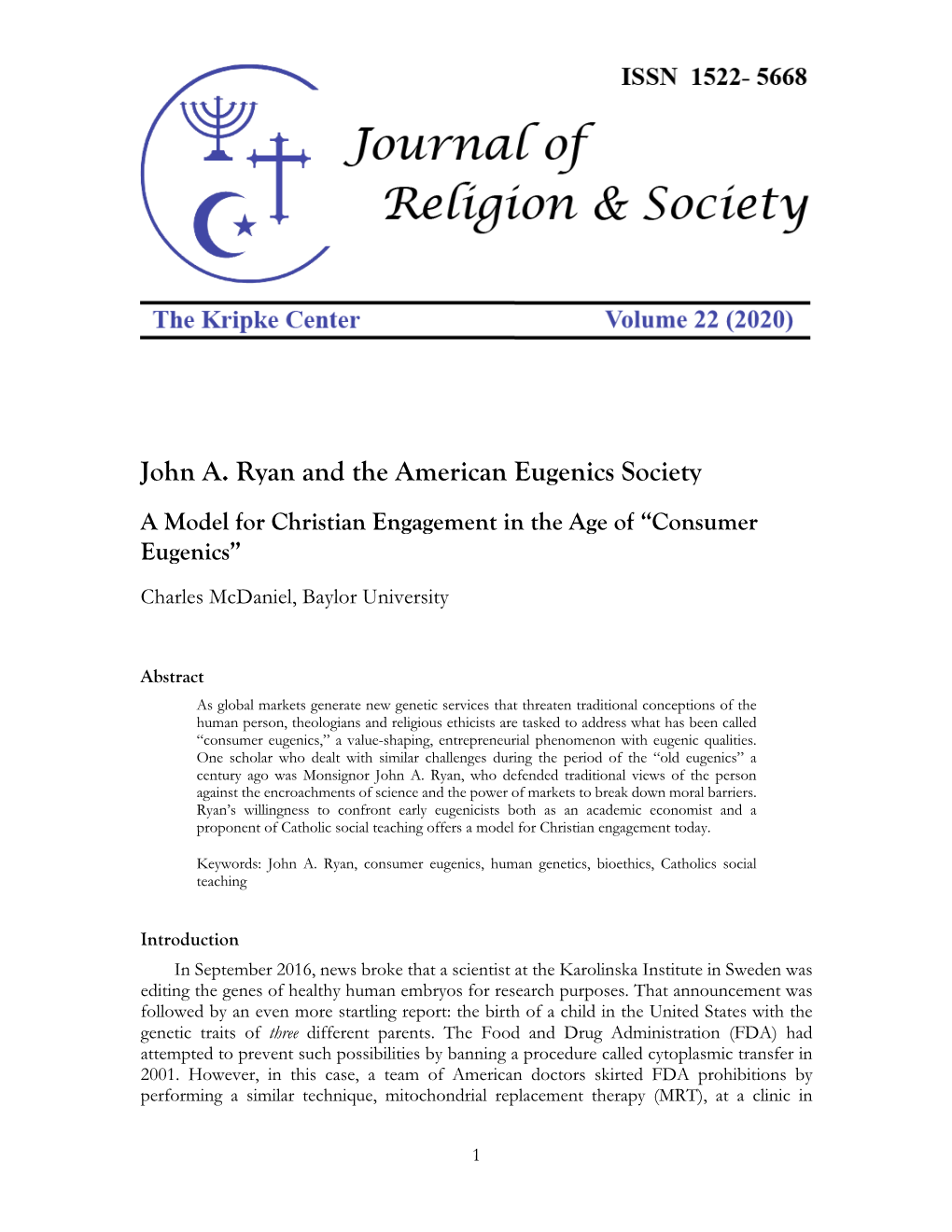 John A. Ryan and the American Eugenics Society a Model for Christian Engagement in the Age of “Consumer Eugenics”