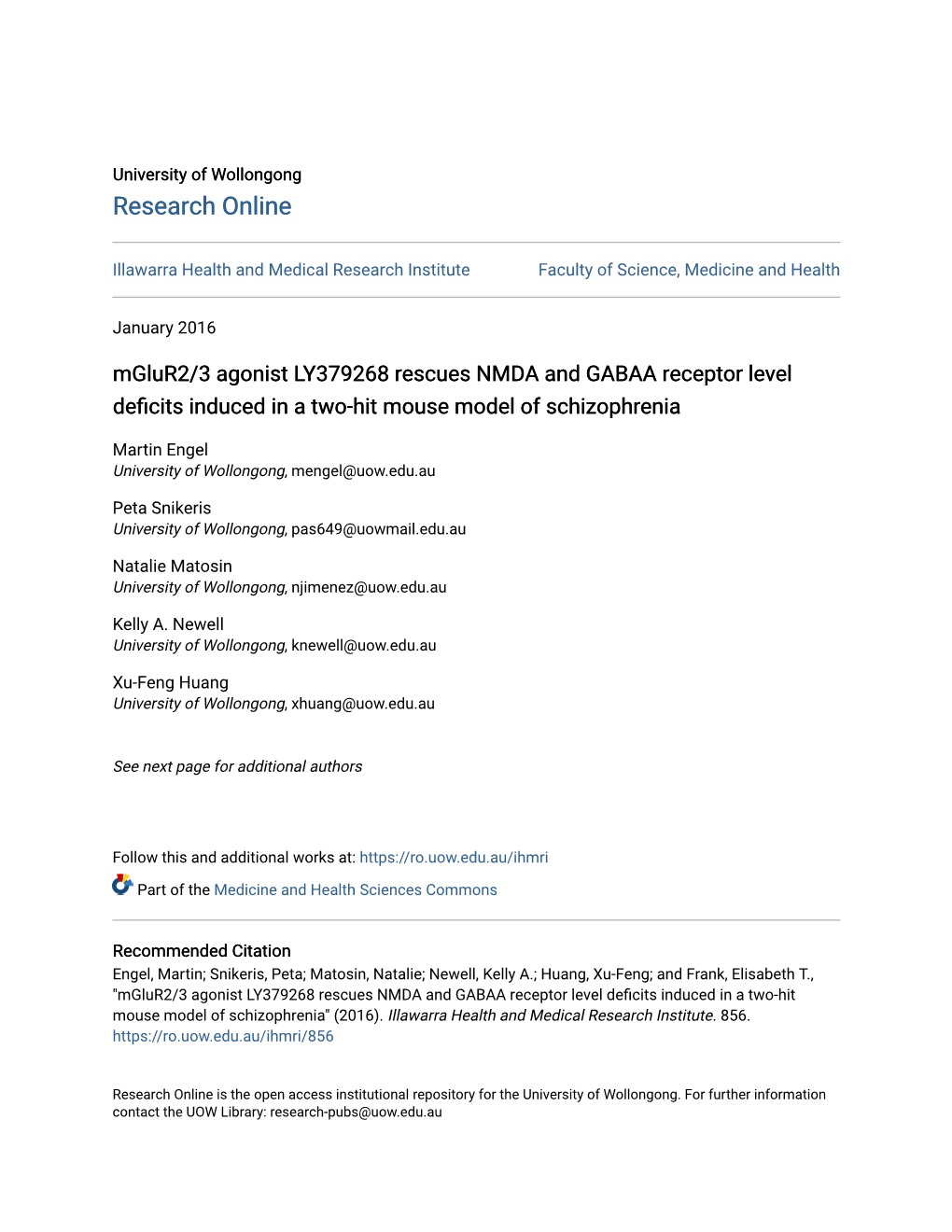 Mglur2/3 Agonist LY379268 Rescues NMDA and GABAA Receptor Level Deficits Induced in a Two-Hit Mouse Model of Schizophrenia