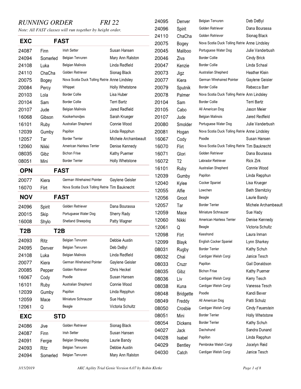 Running Order Report