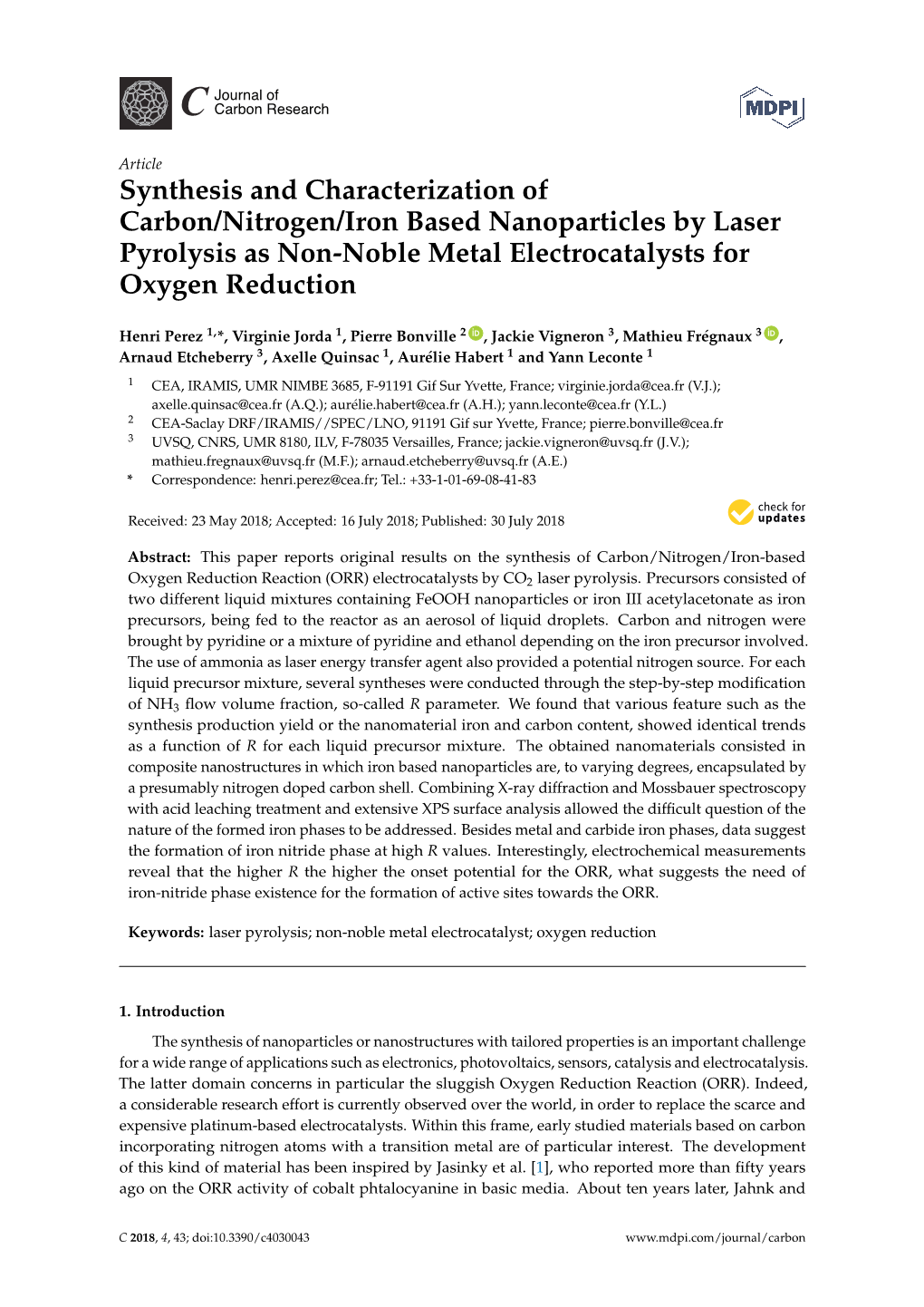 Synthesis and Characterization of Carbon/Nitrogen/Iron Based Nanoparticles by Laser Pyrolysis As Non-Noble Metal Electrocatalysts for Oxygen Reduction