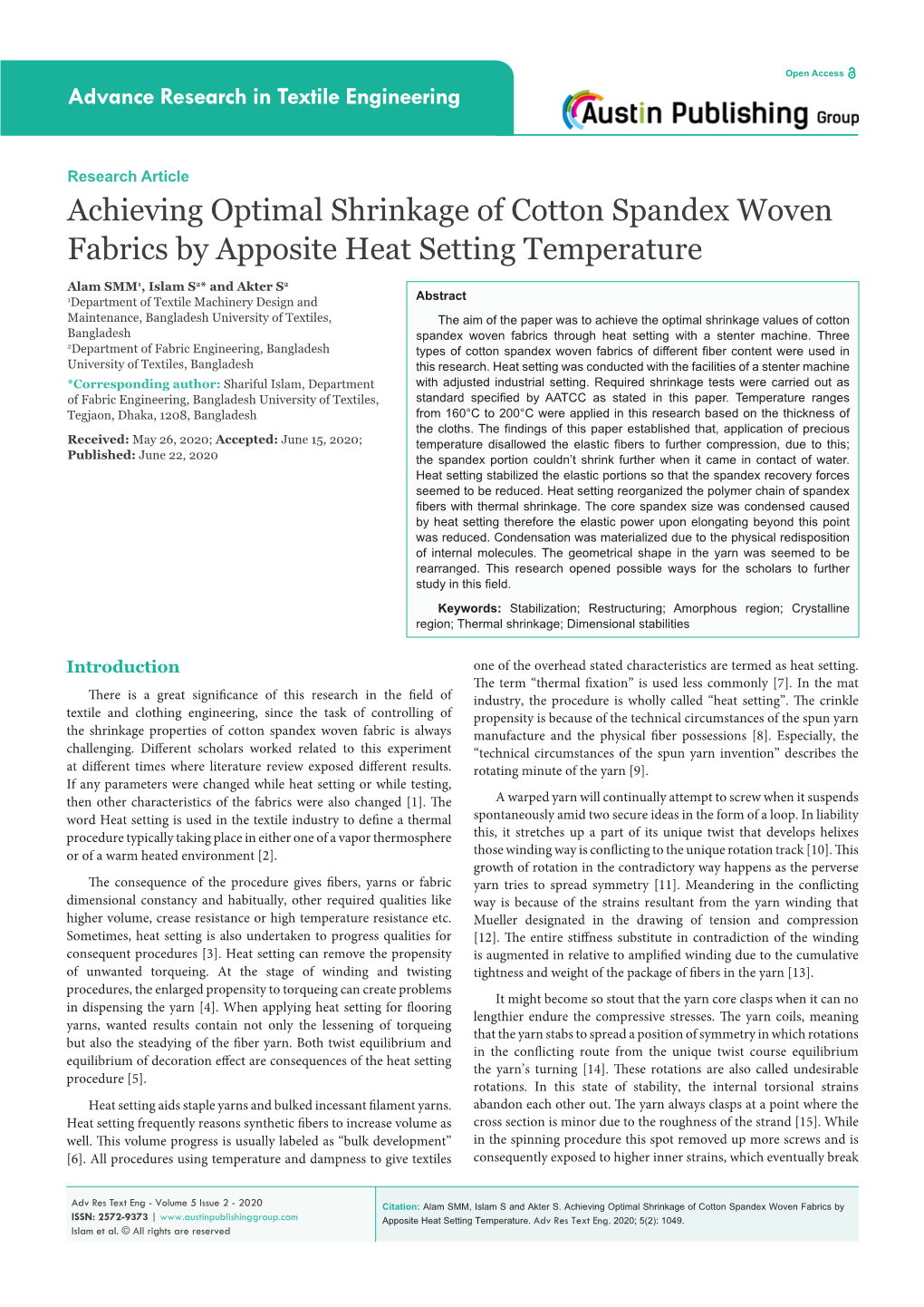 Achieving Optimal Shrinkage of Cotton Spandex Woven Fabrics by Apposite Heat Setting Temperature