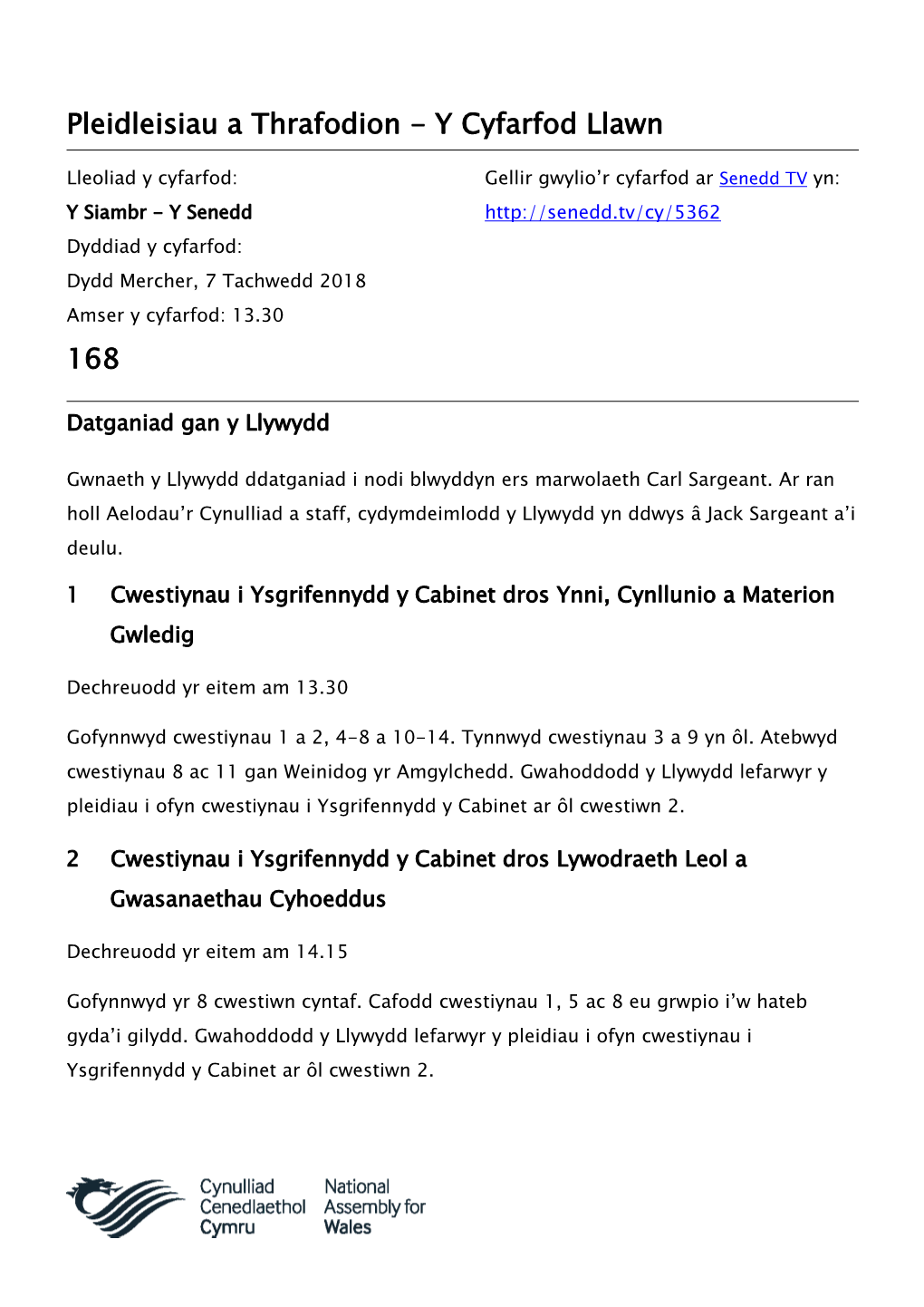 Pleidleisiau a Thrafodion - Y Cyfarfod Llawn