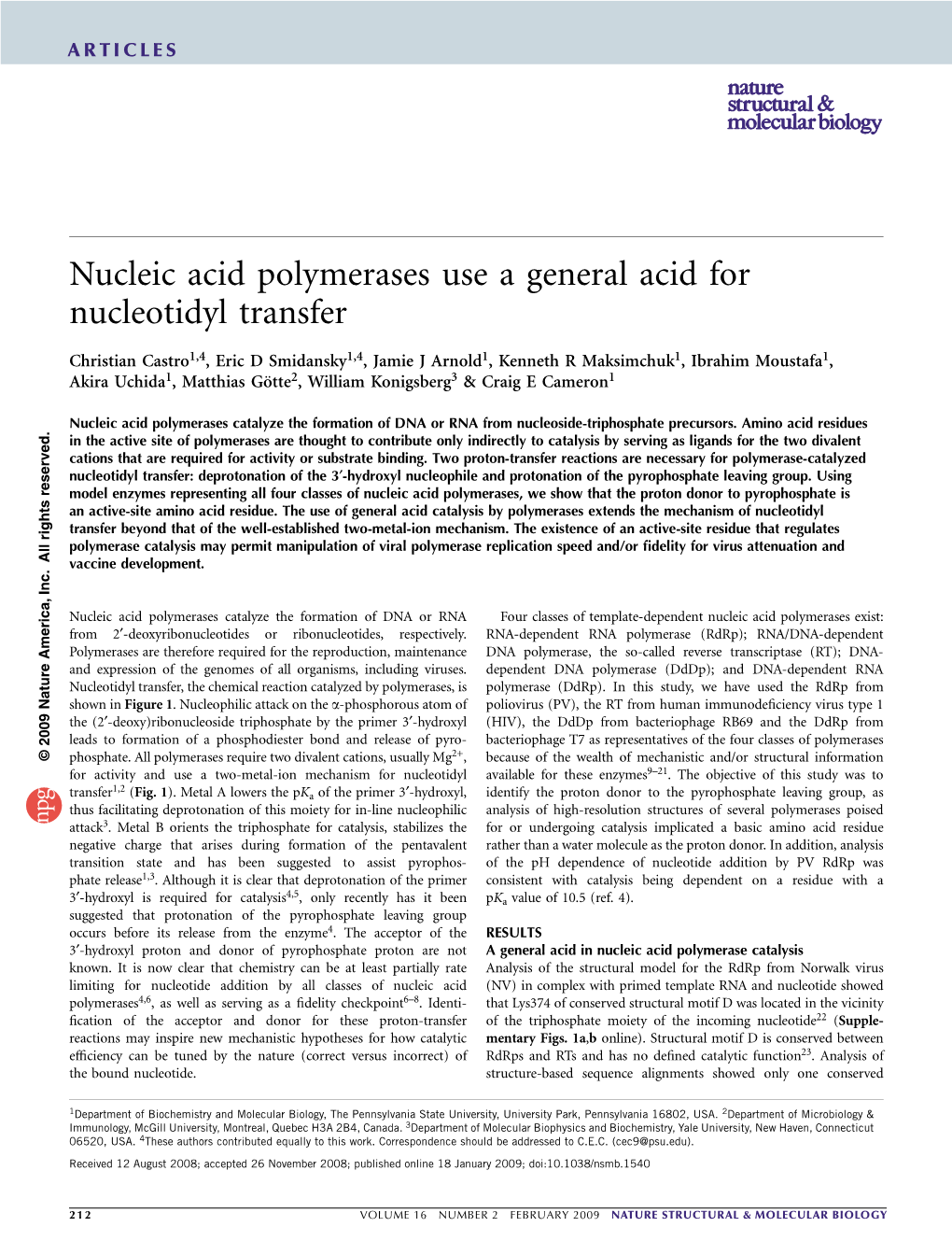 Nucleic Acid Polymerases Use a General Acid for Nucleotidyl Transfer