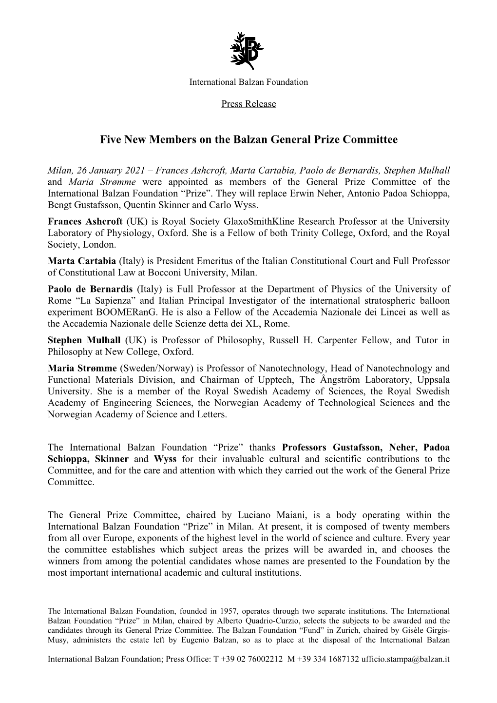 Five New Members on the Balzan General Prize Committee