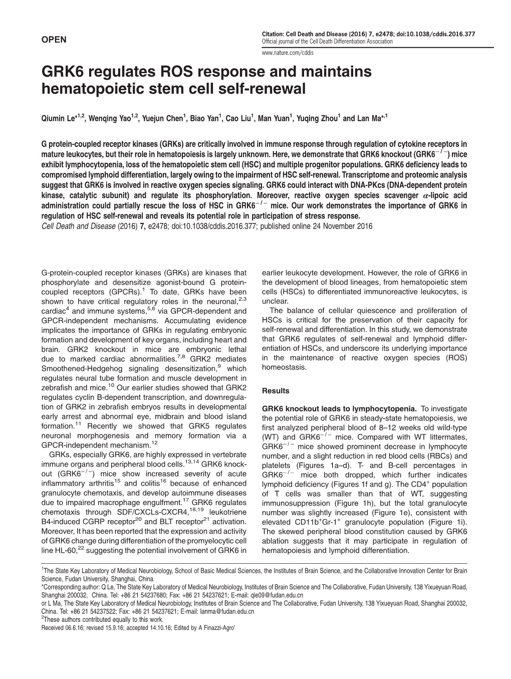 GRK6 Regulates ROS Response and Maintains Hematopoietic Stem Cell Self-Renewal