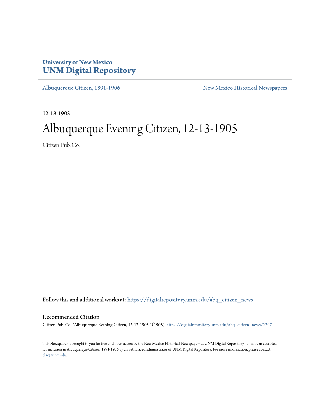 Albuquerque Evening Citizen, 12-13-1905 Citizen Pub