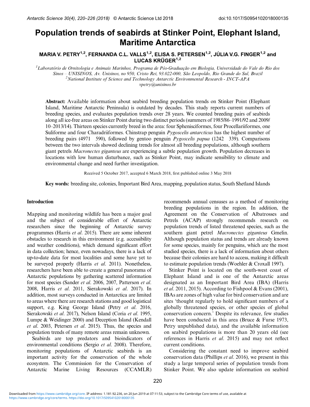 Population Trends of Seabirds at Stinker Point, Elephant Island, Maritime Antarctica