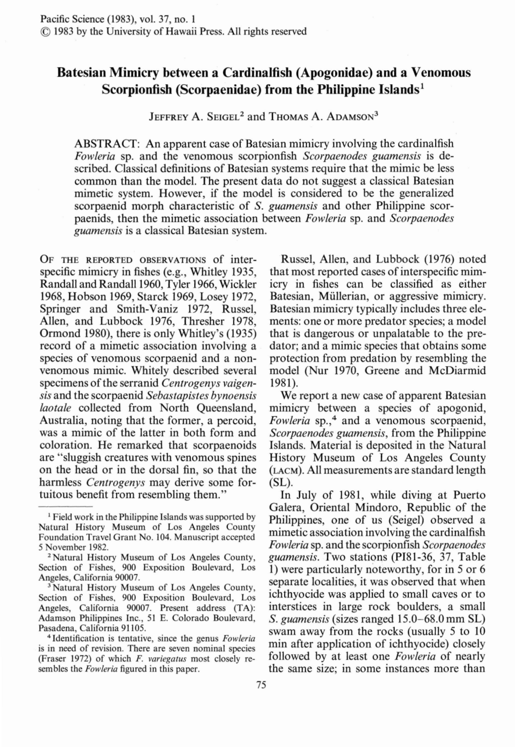 Batesian Mimicry Between a Cardinalfish (Apogonidae) and a Venomous Scorpionfish (Scorpaenidae) from the Philippine Islands!