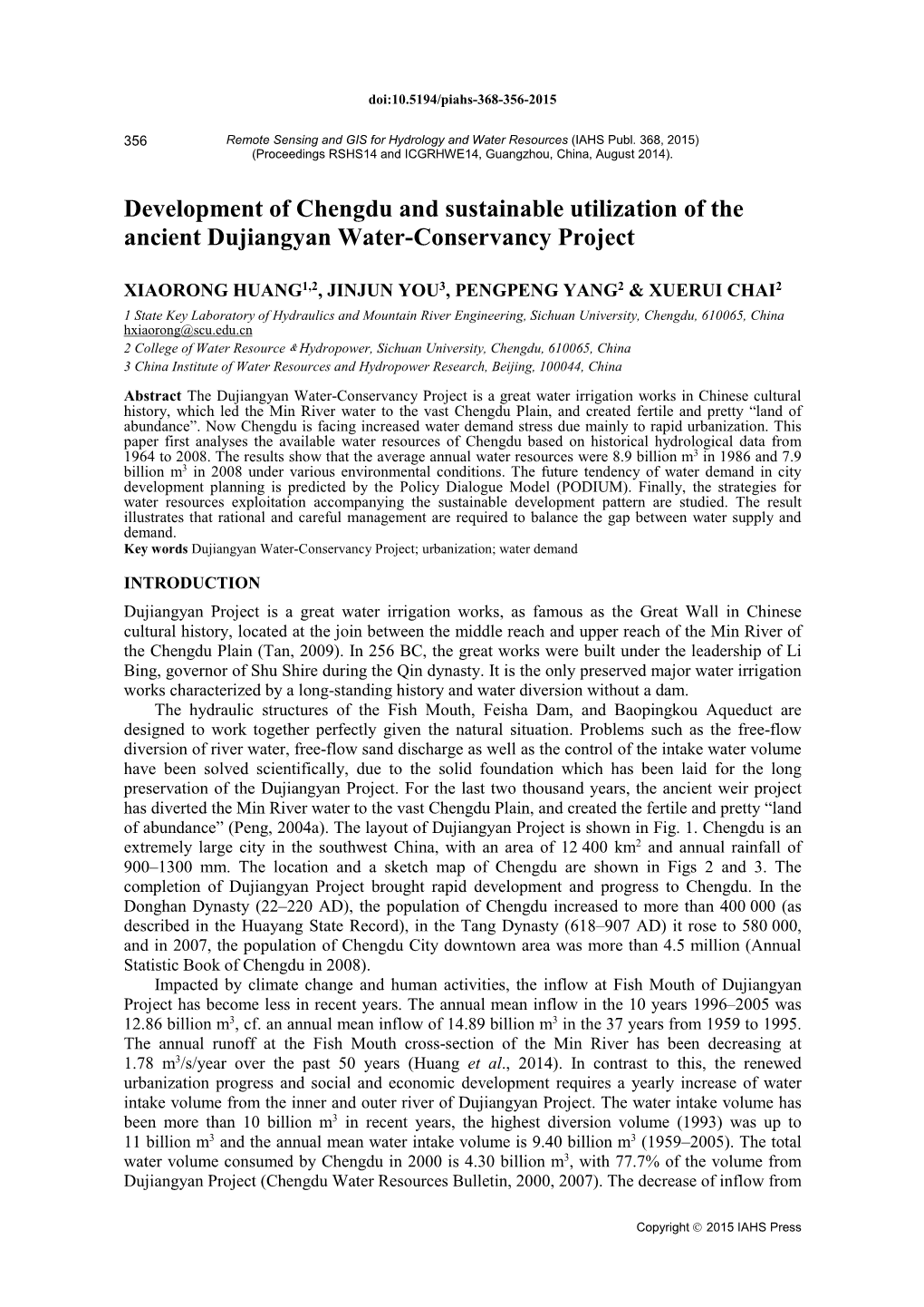 Development of Chengdu and Sustainable Utilization of the Ancient Dujiangyan Water-Conservancy Project