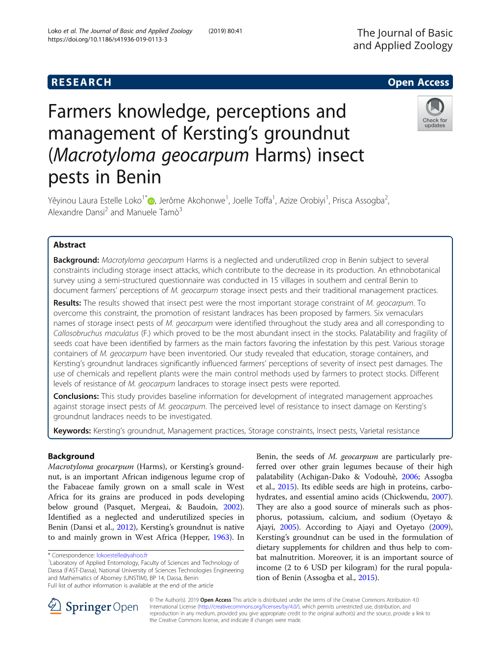 (Macrotyloma Geocarpum Harms) Insect Pests in Benin