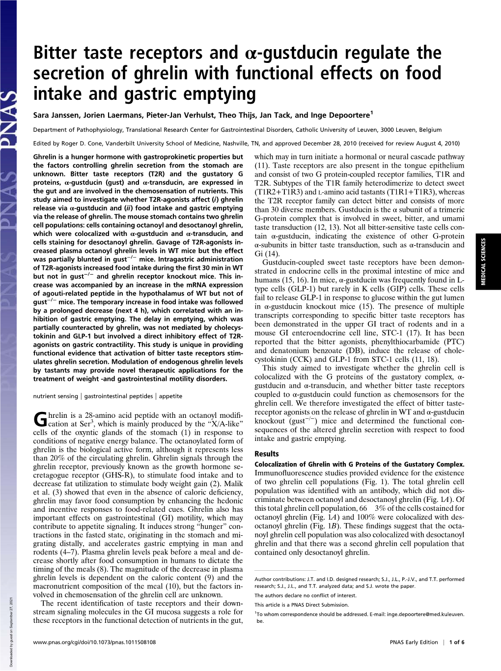 Bitter Taste Receptors and Α-Gustducin Regulate the Secretion of Ghrelin with Functional Effects on Food Intake and Gastric Emptying