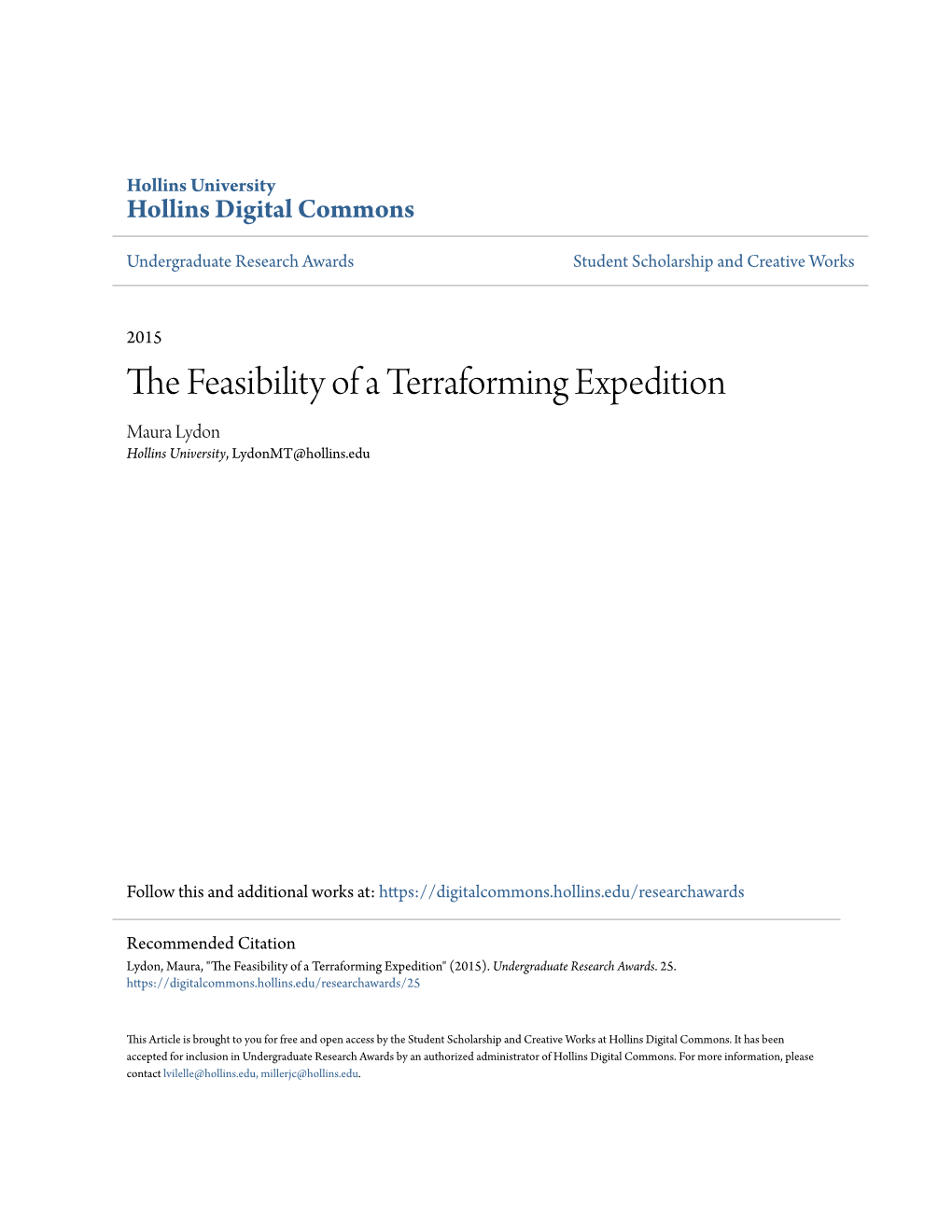 The Feasibility of a Terraforming Expedition By: Maura Lydon