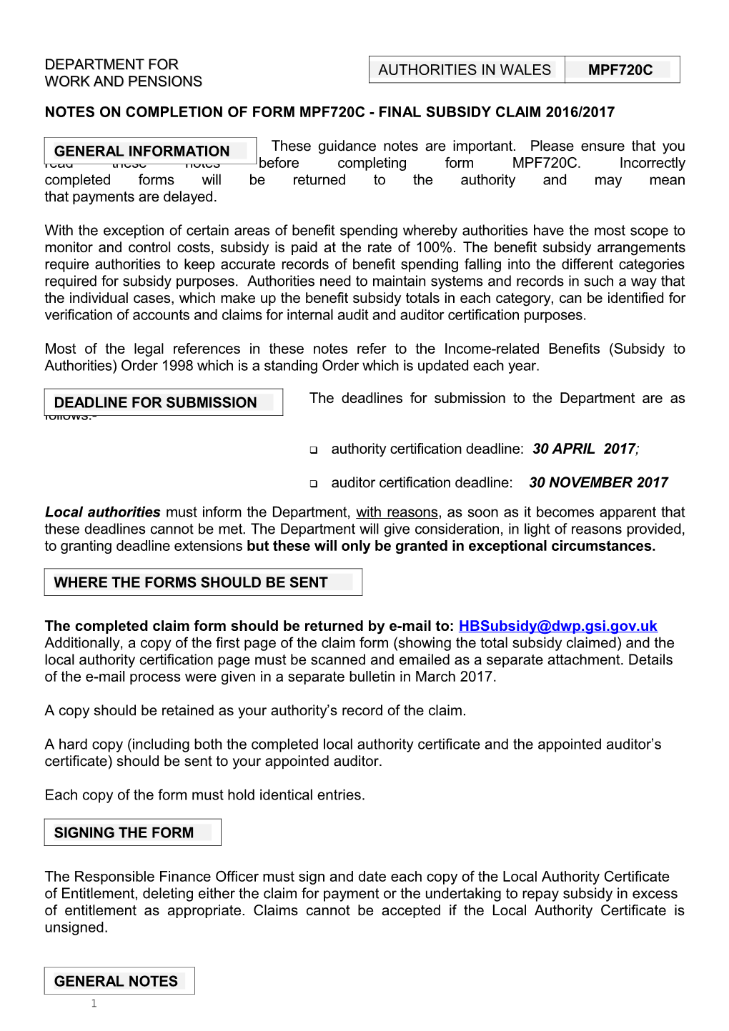 2016/17 Housing Benefit Subsidy Final Claim Guidance Notes for Wales