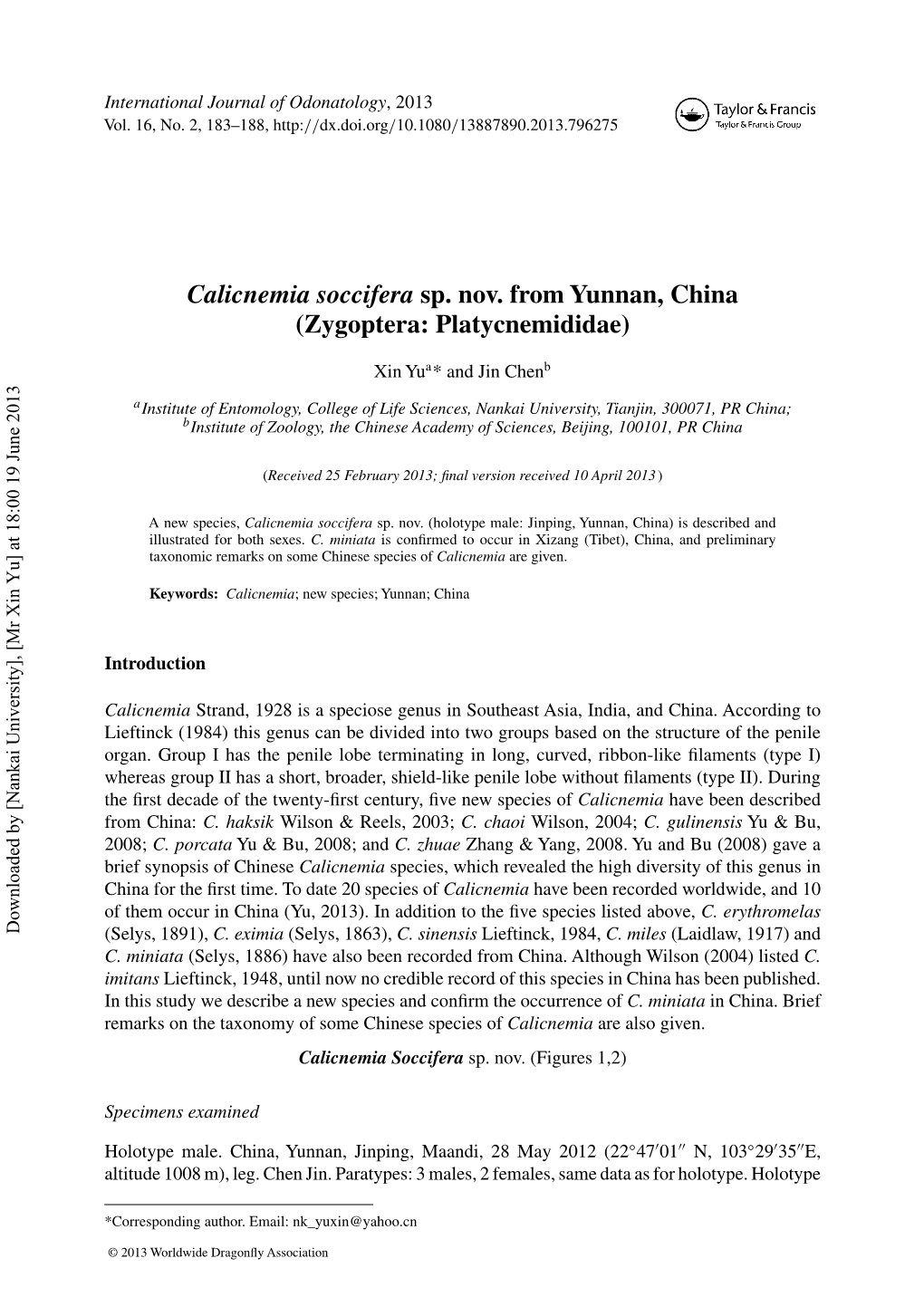 Calicnemia Soccifera Sp. Nov. from Yunnan, China (Zygoptera: Platycnemididae)